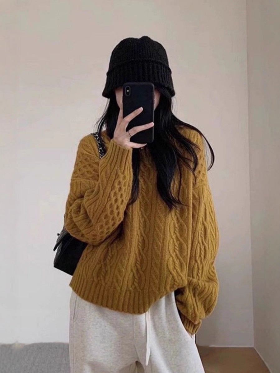 Women Oversize Cable Knit Sweater with Round Neck and Casual Shoulder Partie Mune Fashion