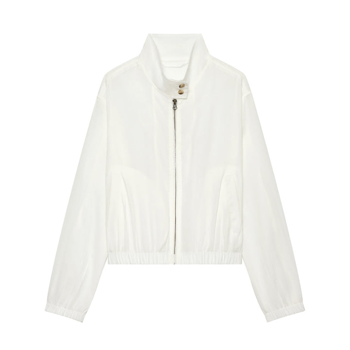 Women's lightweight bomber jacket with high stand-up collar, zipper, front pockets, and elastic hem Mune Fashion