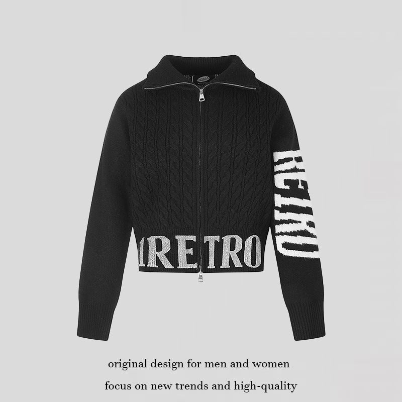 Women's Short Cable Knit Cardigan with Stand-up Collar, Full-Length Zipper and Typo Hem Mune Fashion