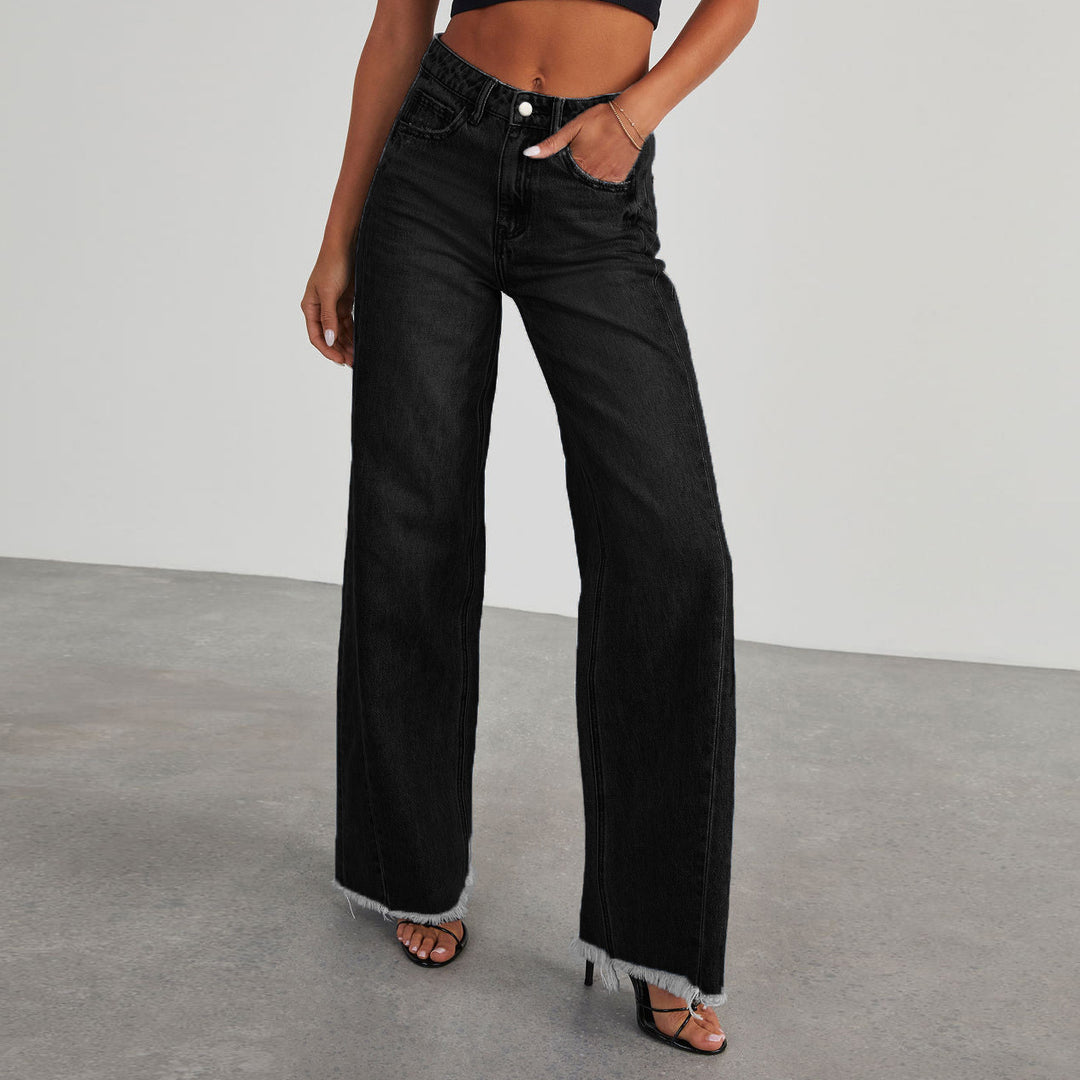 Women's high-waisted wide-leg jeans with raw fringe hem and straight leg Mune Fashion