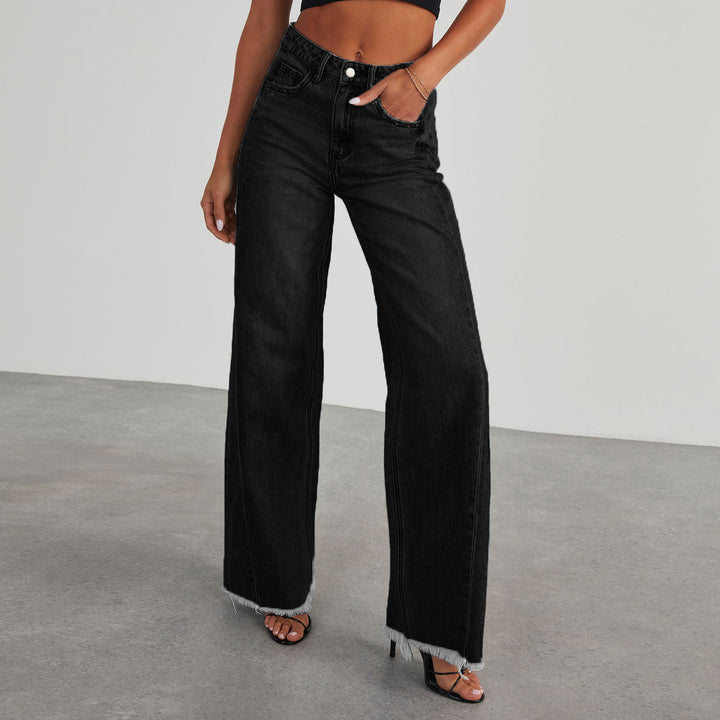 Women's high-waisted wide-leg jeans with raw fringe hem and straight leg Mune Fashion