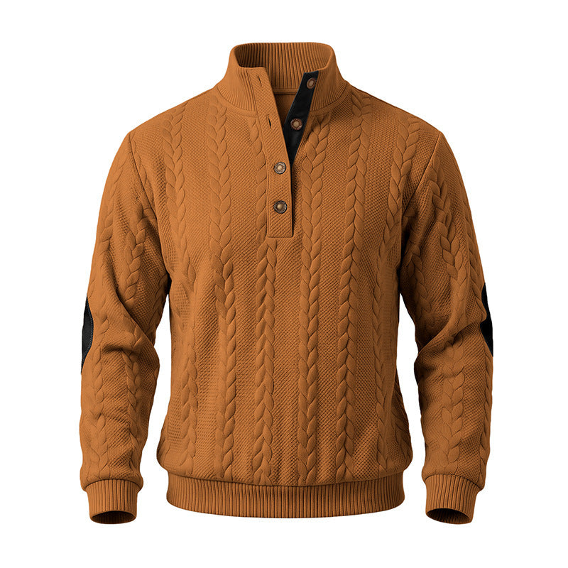 Men's Noble Cable Knit Sweater with Short Button Placket and Elbow Patches Mune Fashion