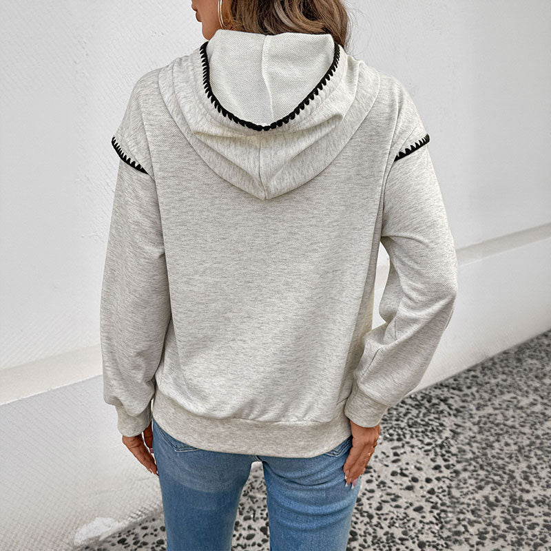 Women Oversize Hoodie with Decorative Trimming, Kangaroo Pocket and Extended Drawstring Mune Fashion