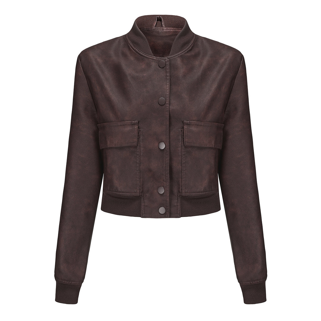 Women's short crop faux leather jacket in blouson style with snap front and flap pockets Mune Fashion