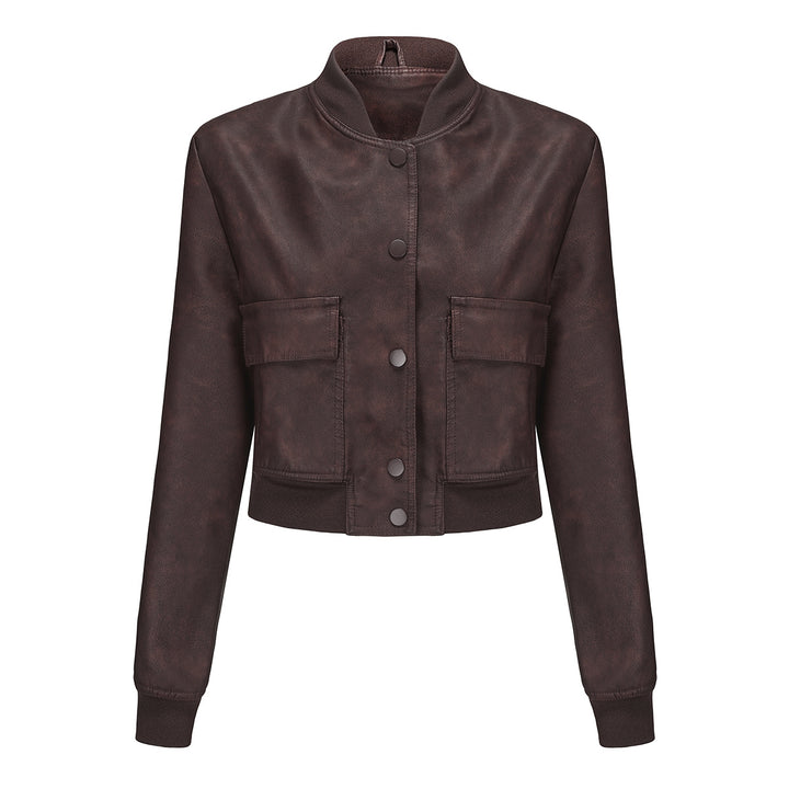 Women's short crop faux leather jacket in blouson style with snap front and flap pockets Mune Fashion