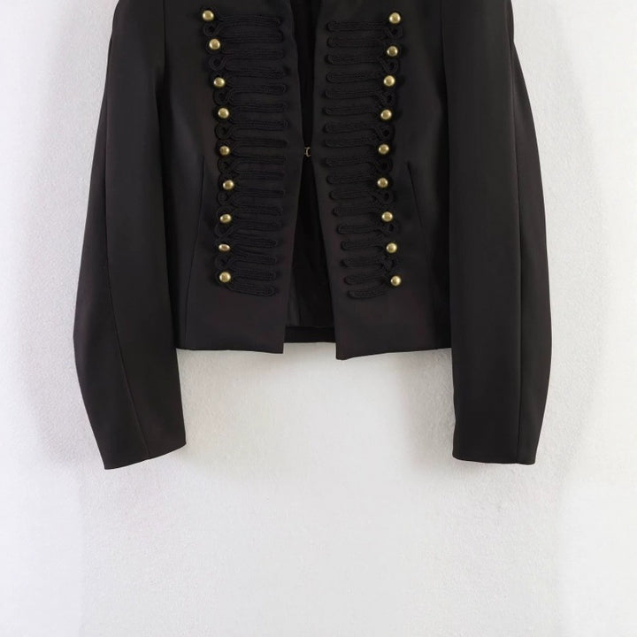 Ladies short marshall-inspired blazer jacket with decorative button row and cord trim Mune Fashion