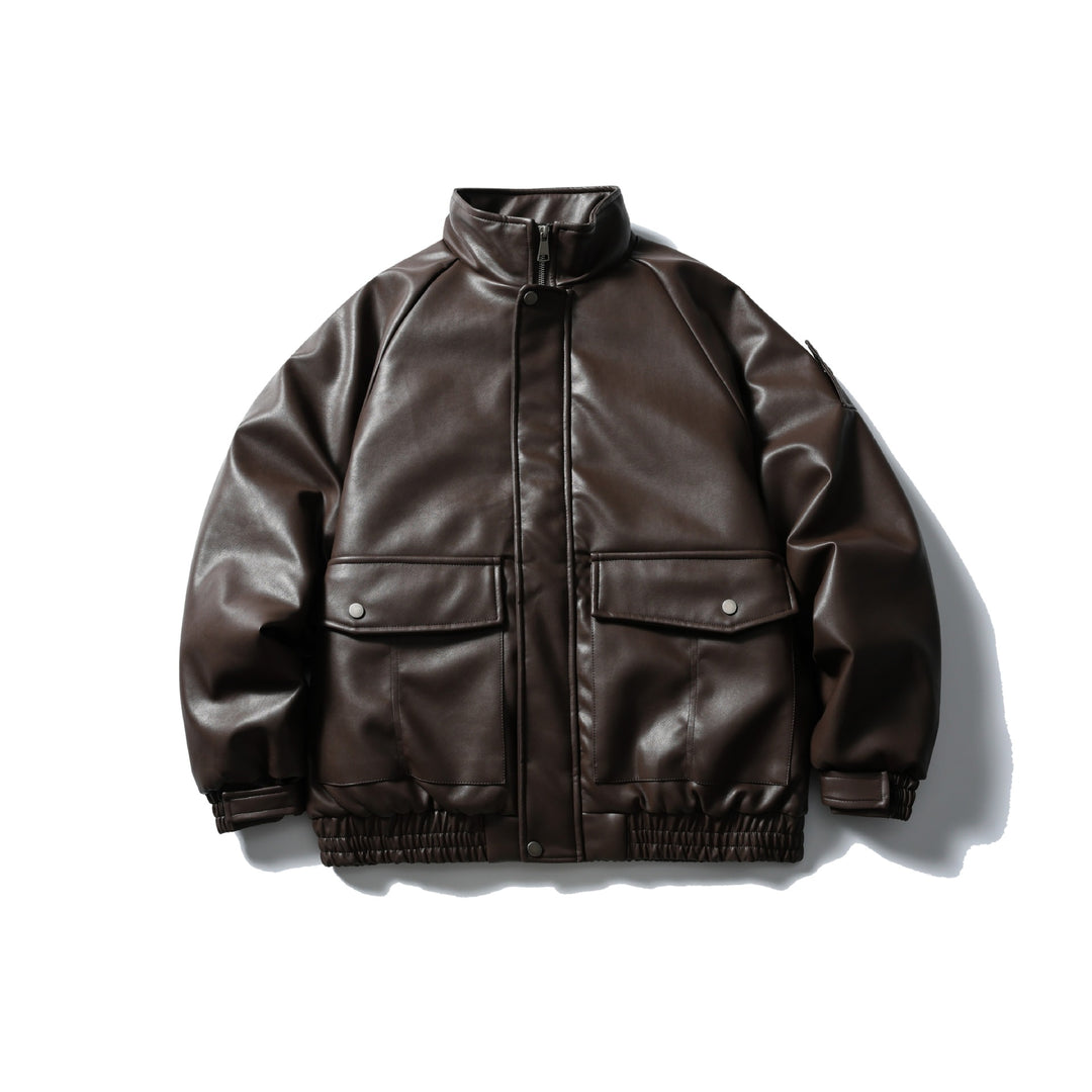 Men's Padded Faux Leather Bomber Jacket with High Stand-up Collar and Flap Pockets Mune Fashion