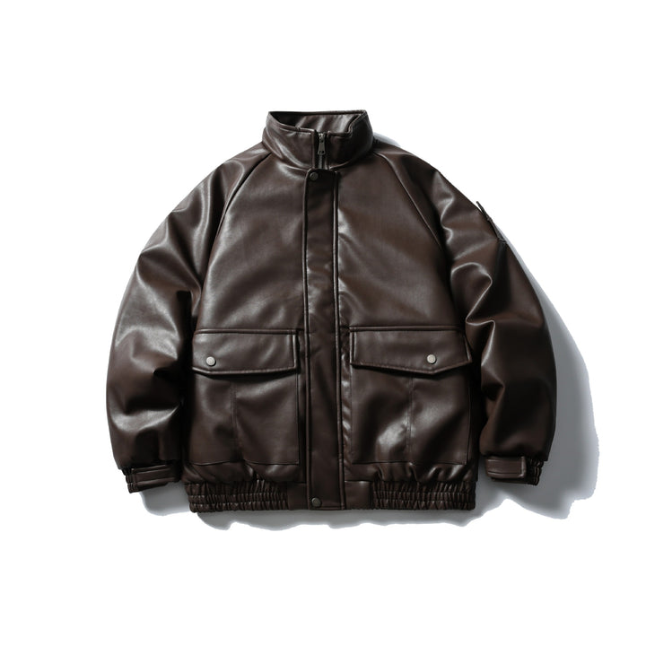 Men's Padded Faux Leather Bomber Jacket with High Stand-up Collar and Flap Pockets Mune Fashion