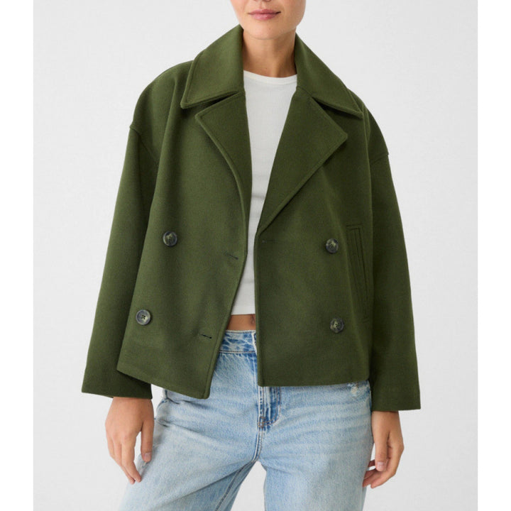 Women's Short Double-Breasted Wool Blend Peacoat with Oversized Lapels Mune Fashion