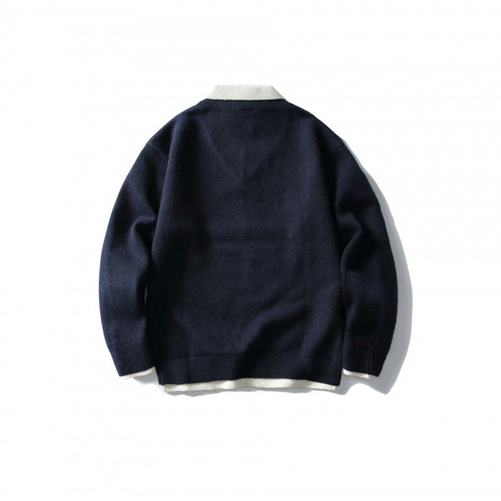 Unisex Oversized Knit Sweater with Contrasting Polo Collar and V-Neck Mune Fashion