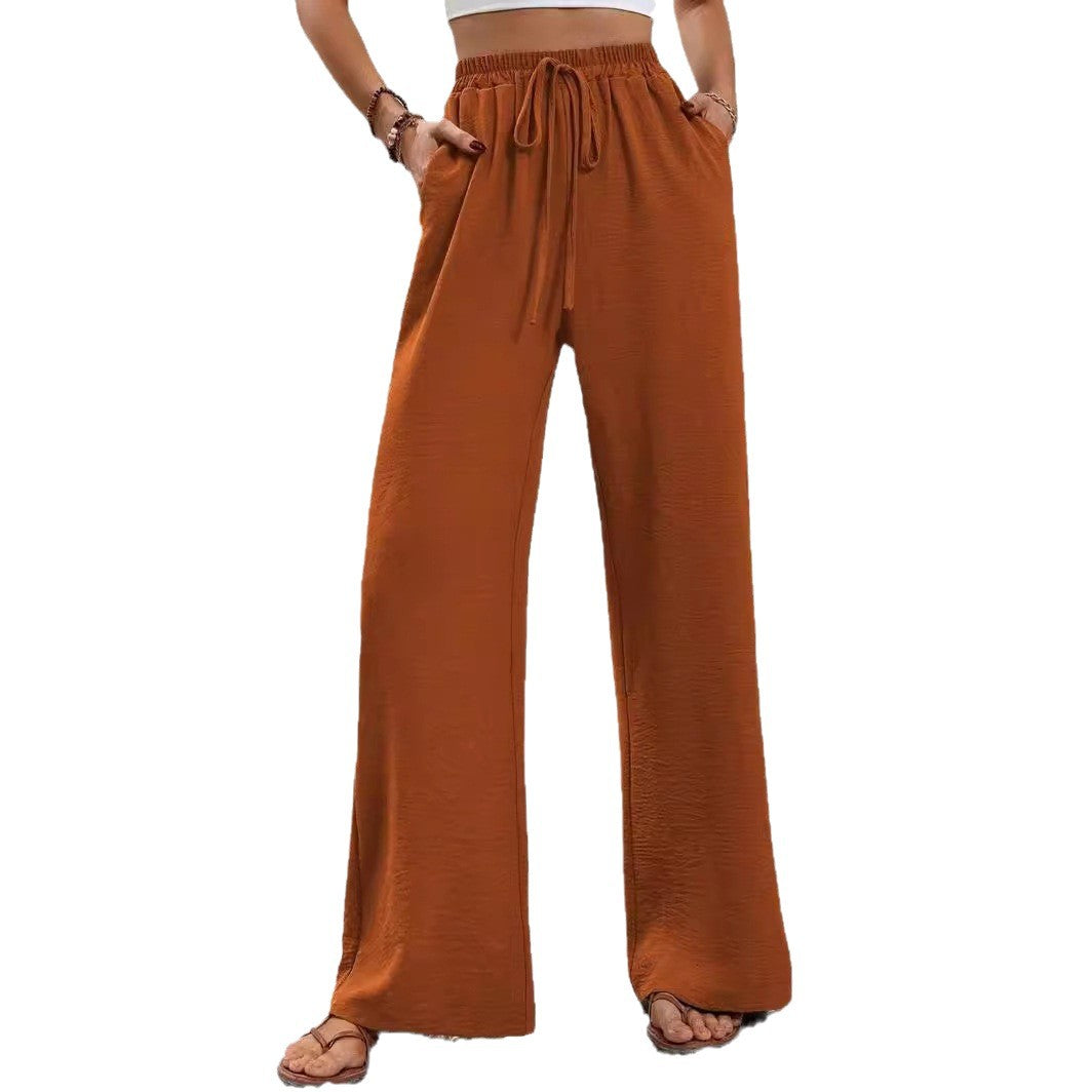 Women Wide Palazzo Pants with High Elastic Waistband, Drawstring and Side Pockets Mune Fashion