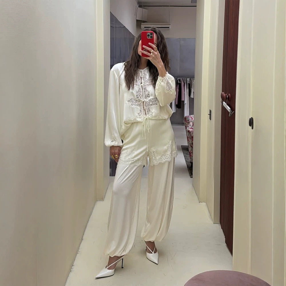Women's Satin Loungewear Set with Lace Trim, Drawstring Top and Ballooned Palazzo Pants Mune Fashion