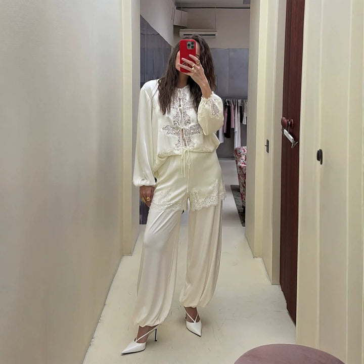 Women's Satin Loungewear Set with Lace Trim, Drawstring Top and Ballooned Palazzo Pants Mune Fashion