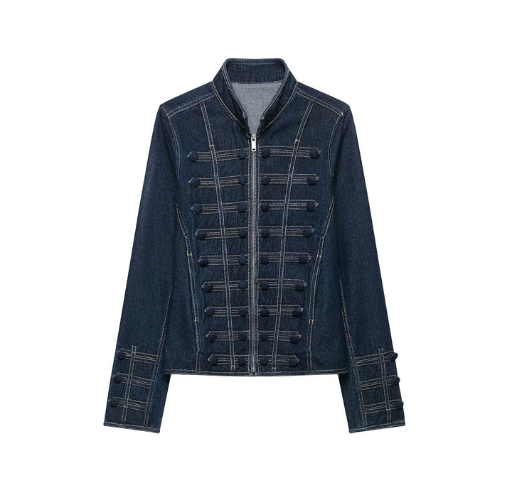 Women Tailored Denim Jacket with Military Galon Details and Stand Collar Mune Fashion