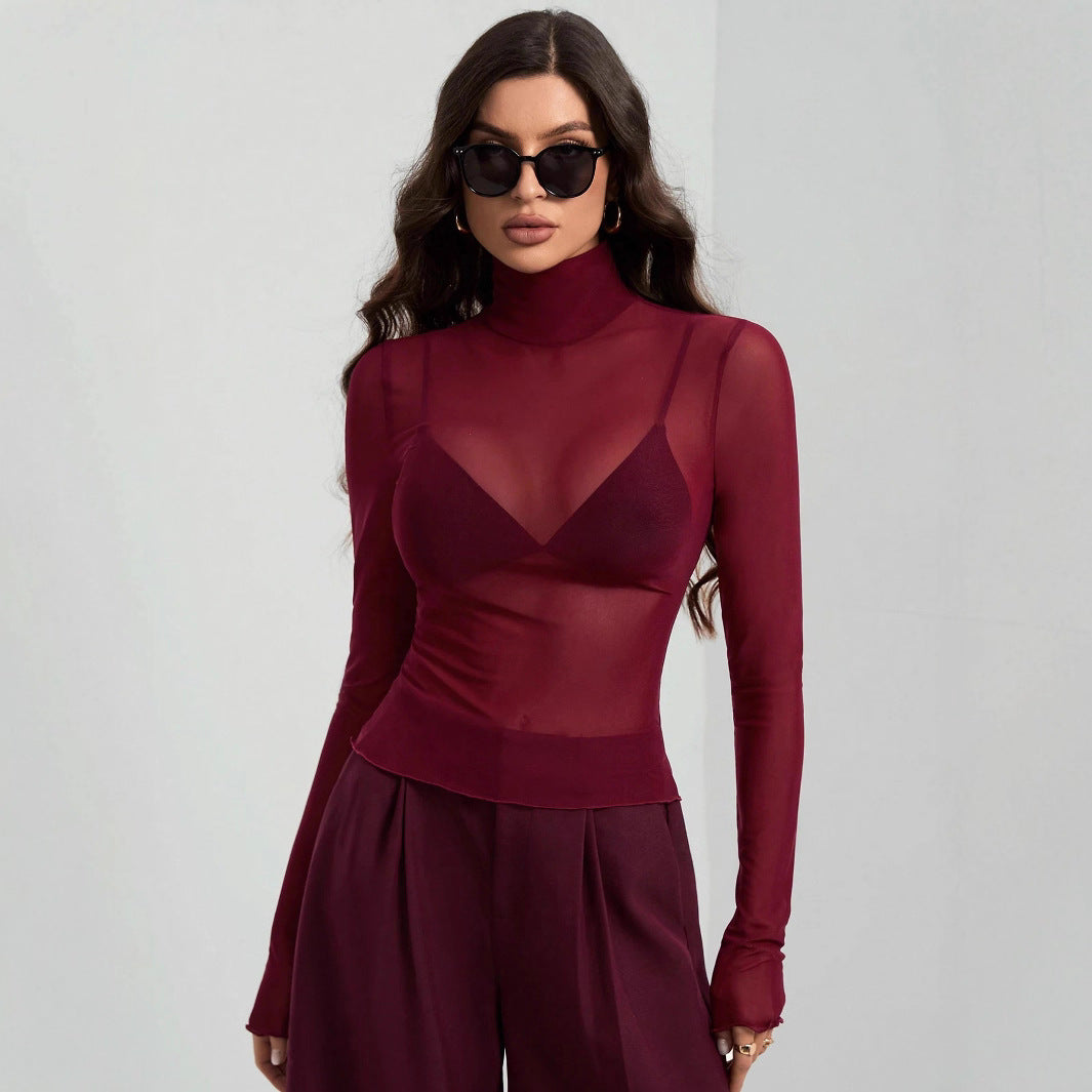Women's Transparent Turtleneck Blouse with Figure-Shaping Cut Mune Fashion