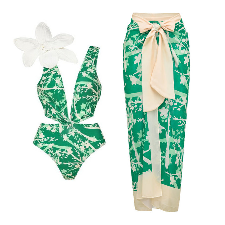 Women's bikini set with special floral decor and long wrap skirt Mune Fashion