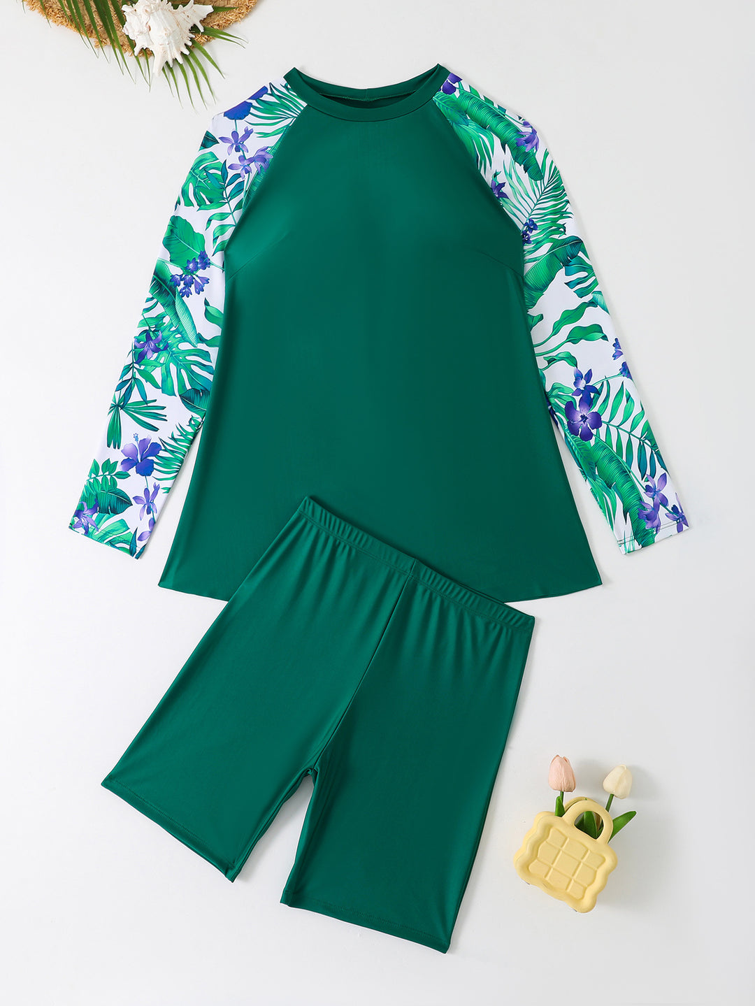 Women's UV Protection Surf Suit Set with Long Sleeves and Colorful Leaf Pattern Mune Fashion
