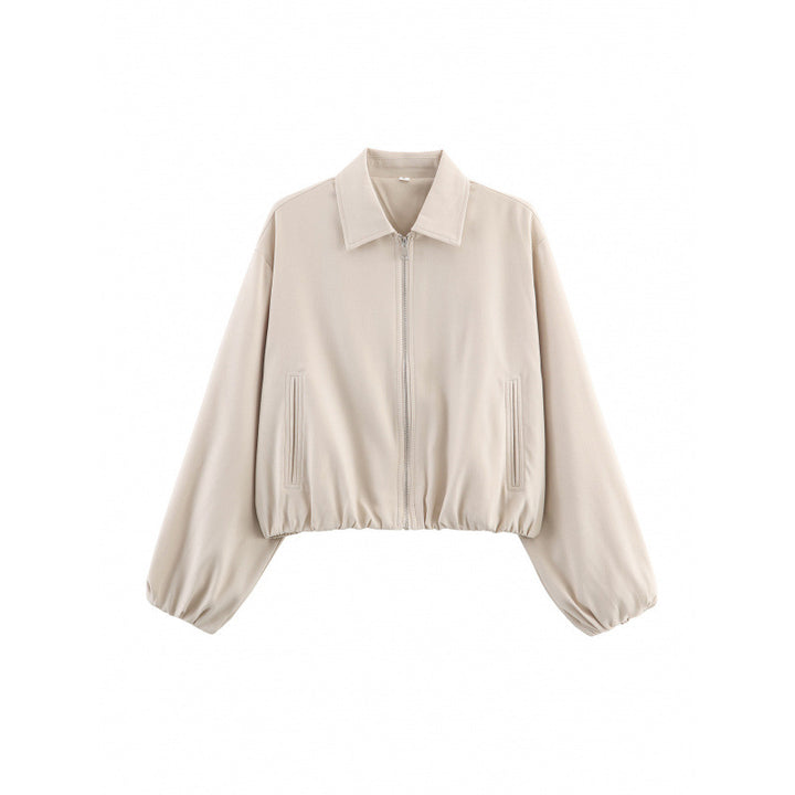Women Polka Dot Cropped Bomber Jacket in Retro Look with Shirt Collar and Elastic Hem Mune Fashion
