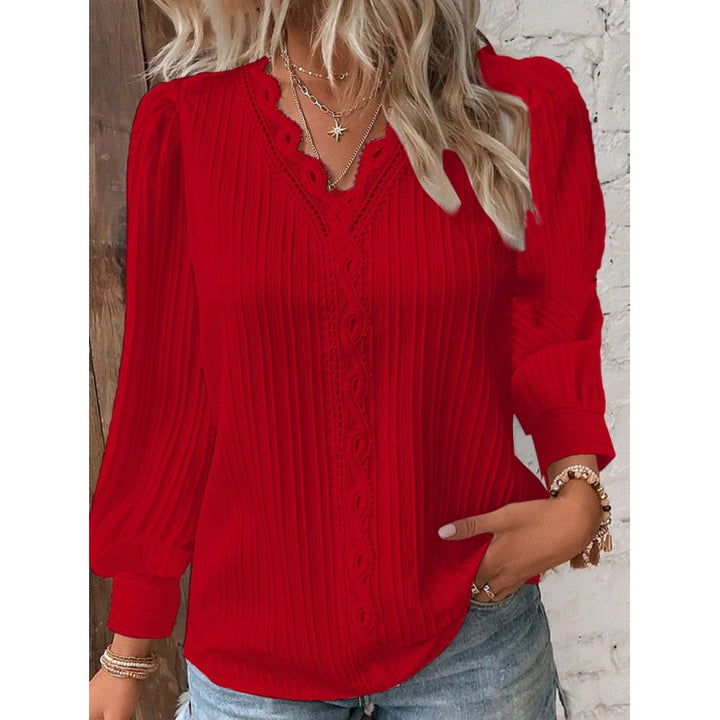 Women Pleated V-Neck Blouse with Lace Trim and Balloon Sleeves Mune Fashion