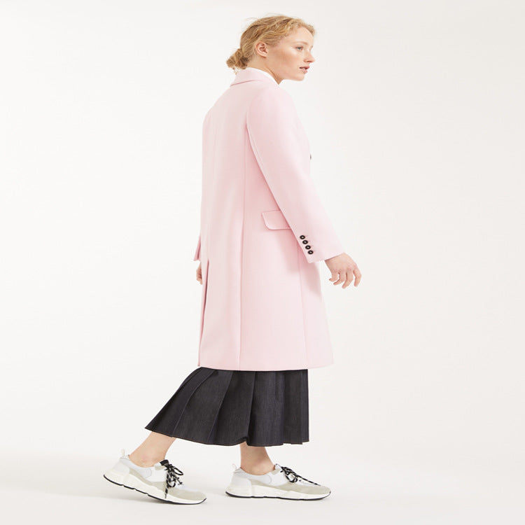 Women's Double-Breasted Midi-Length Wool Blend Coat with Emphasized Shoulder and Contrast Buttons Mune Fashion