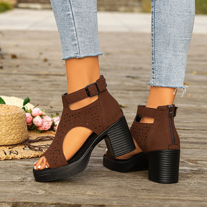 Women  Cut-Out Ankle Sandalette with mid-high block heel and perforated suede imitation Mune Fashion