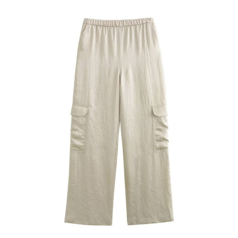 Women's Wide Cargo Pants with Elastic Waistband and Flap Pockets Mune Fashion