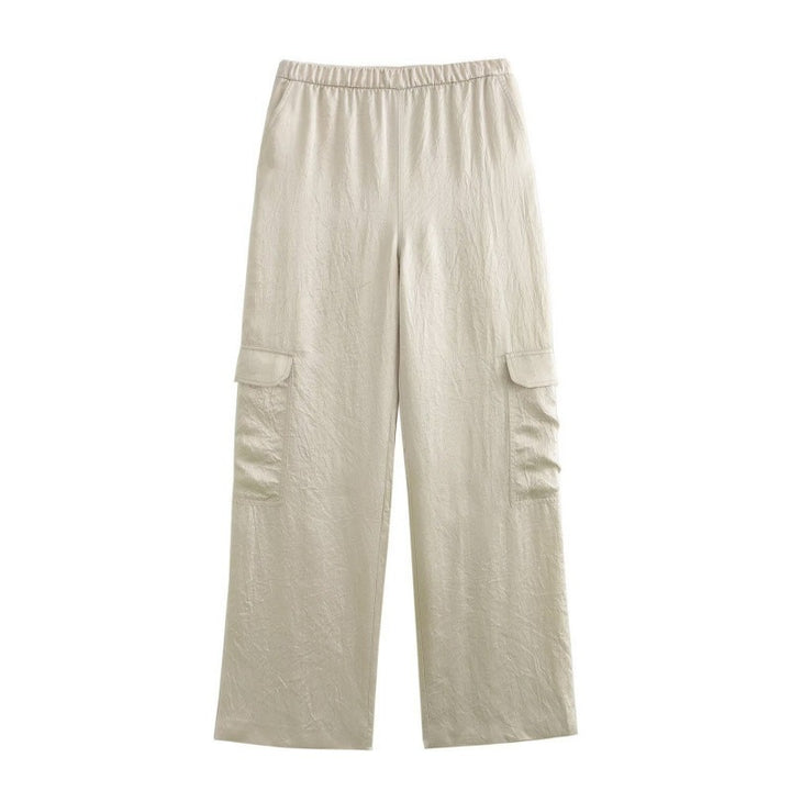 Women's Wide Cargo Pants with Elastic Waistband and Flap Pockets Mune Fashion