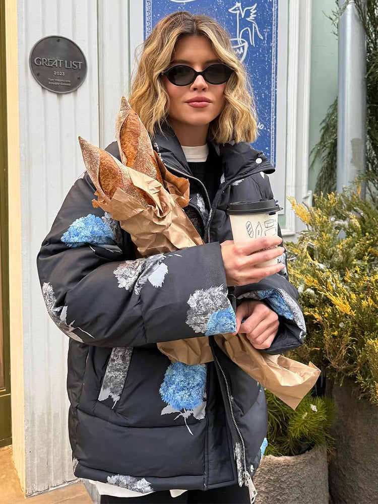 Women Padded Oversized Quilted Jacket with Floral Print and Hood Mune Fashion
