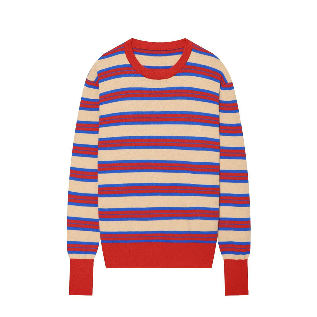 Women's Striped Fine Knit Sweater with Round Neckline and Extended Ribbed Cuffs Mune Fashion