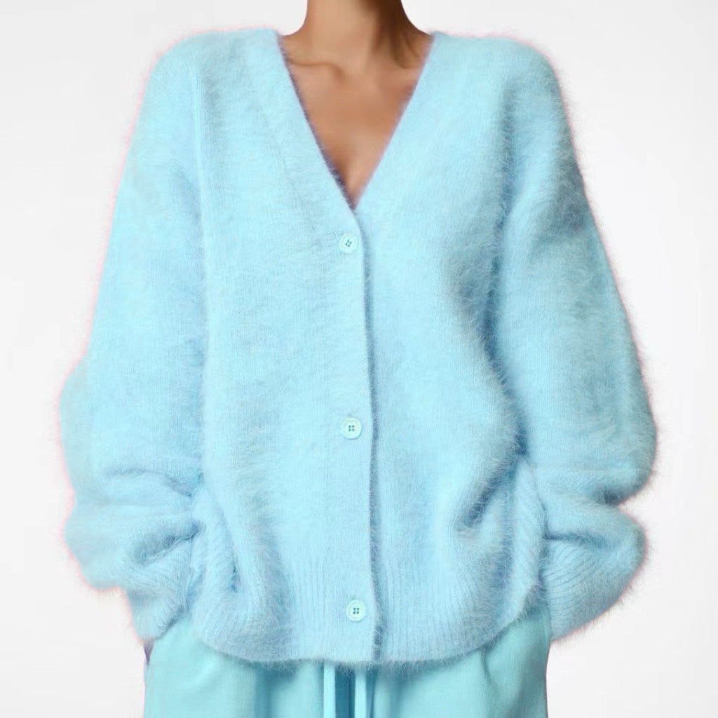 Women's Fluffy Oversize Button Cardigan with Deep V-Neck and Insert Pockets Mune Fashion
