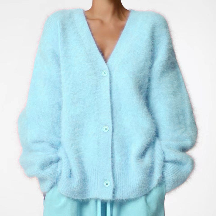 Women's Fluffy Oversize Button Cardigan with Deep V-Neck and Insert Pockets Mune Fashion