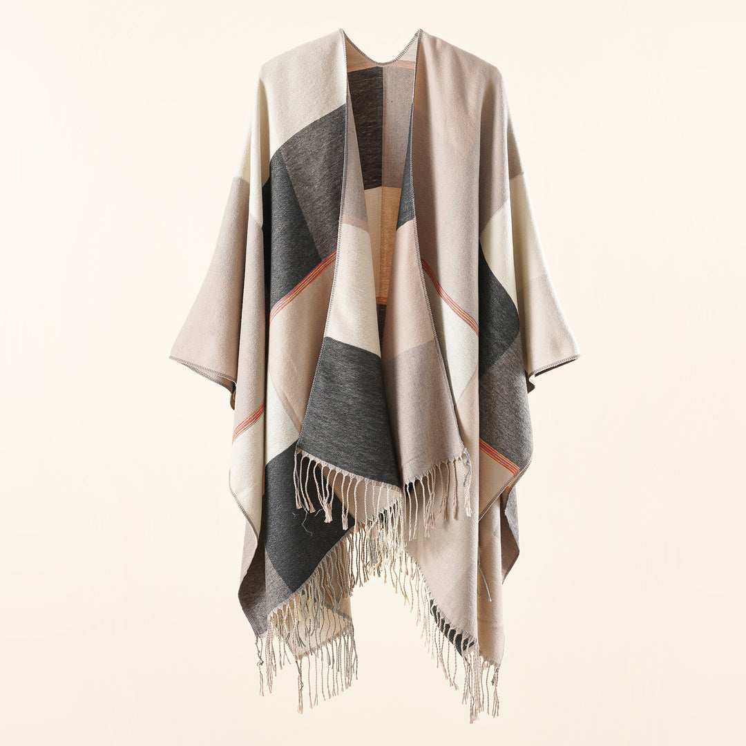 Ladies Lightweight Woven Ruana with Geometric Block Pattern and Fringe Hem Mune Fashion