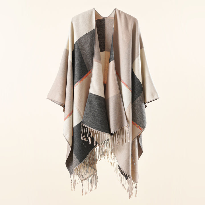 Ladies Lightweight Woven Ruana with Geometric Block Pattern and Fringe Hem Mune Fashion