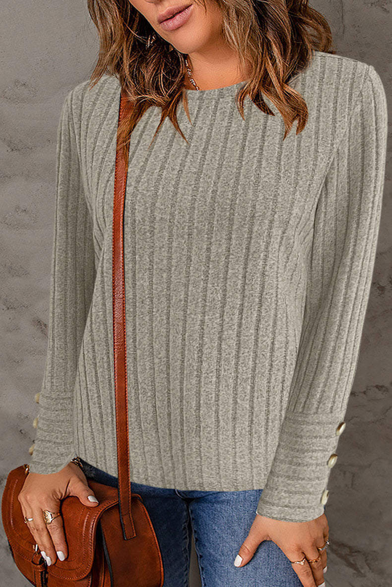 Women Ribbed Fine Knit Sweater with Round Neck and Mother of Pearl Button Cuffs Mune Fashion