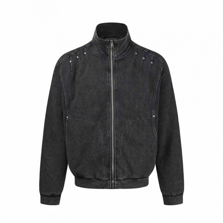 Unisex Chunky Knit Zip Bomber Jacket with Stand-up Collar, Stud Detail and Zip Pockets Mune Fashion