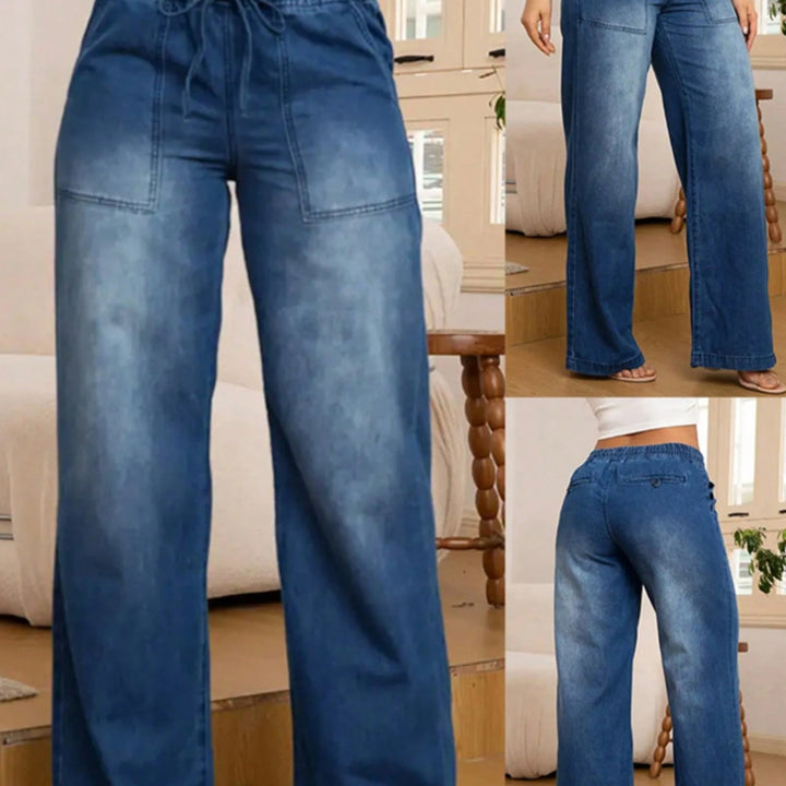 Women's Wide High-Waist Jeans with Elastic Waistband and Drawstring Mune Fashion