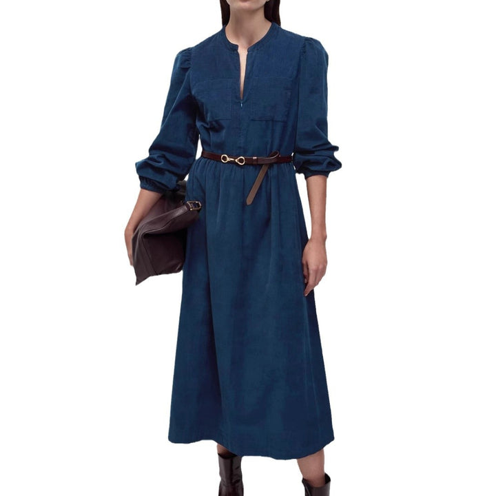 Women's Long Cord Dress with Gathered Waist Seam, Chest Pockets and Short Zipper at the Top