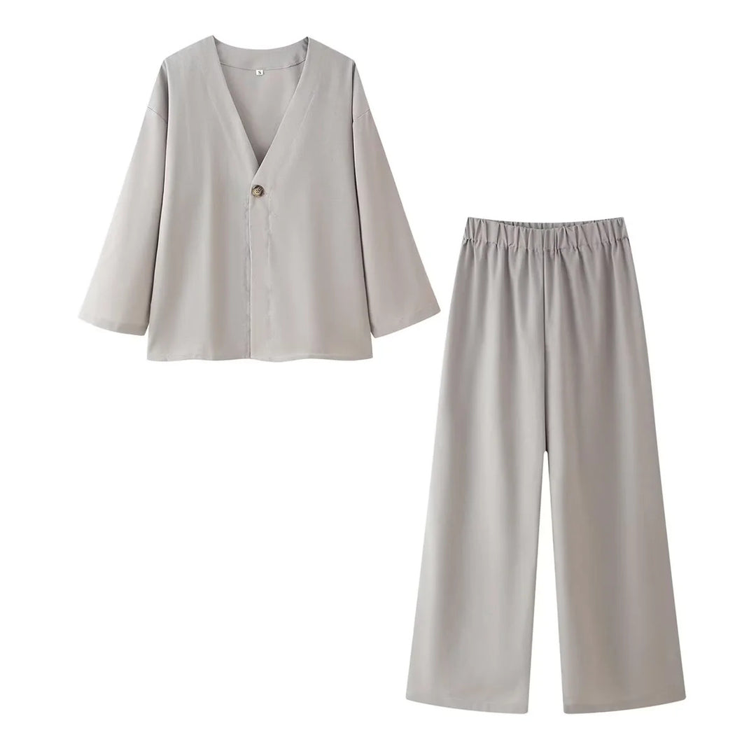 Women's casual two-piece set with V-neck blouse and wide waistband pants Mune Fashion