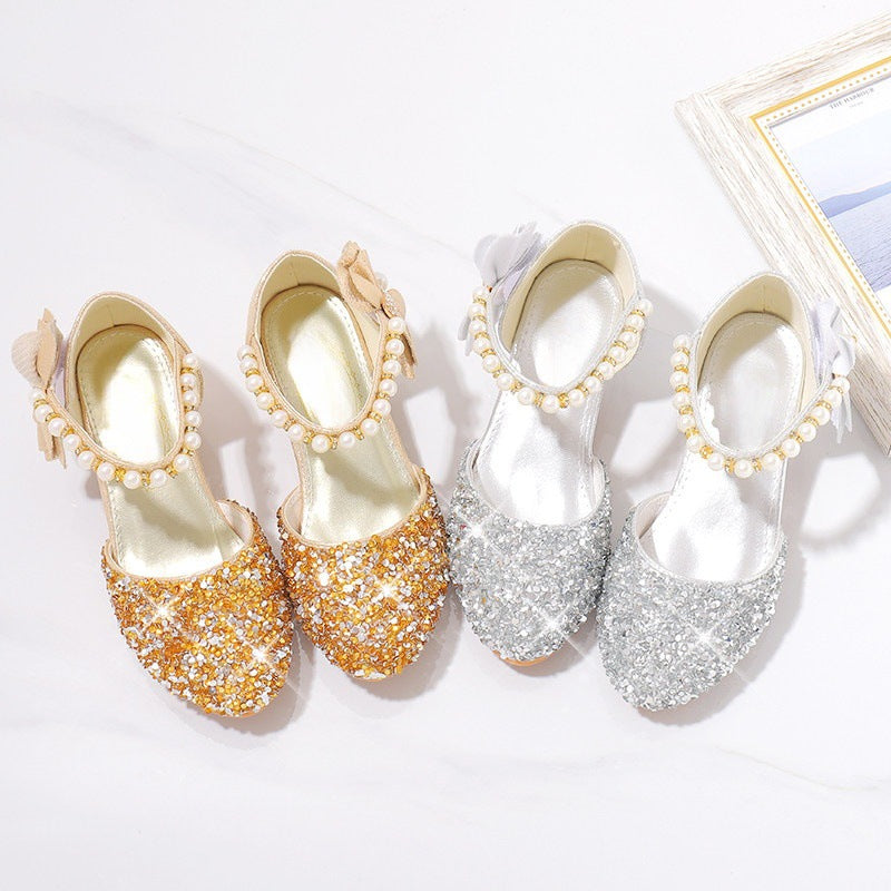 Ladies Elegant and Sparkling Mid-Heel Shoes with Pearl and Bow Details Mune Fashion