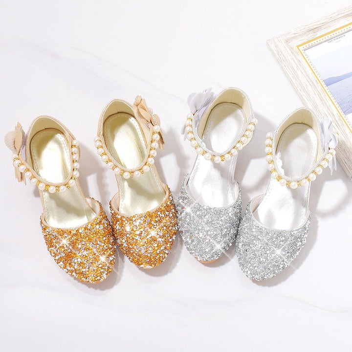 Ladies Elegant and Sparkling Mid-Heel Shoes with Pearl and Bow Details Mune Fashion