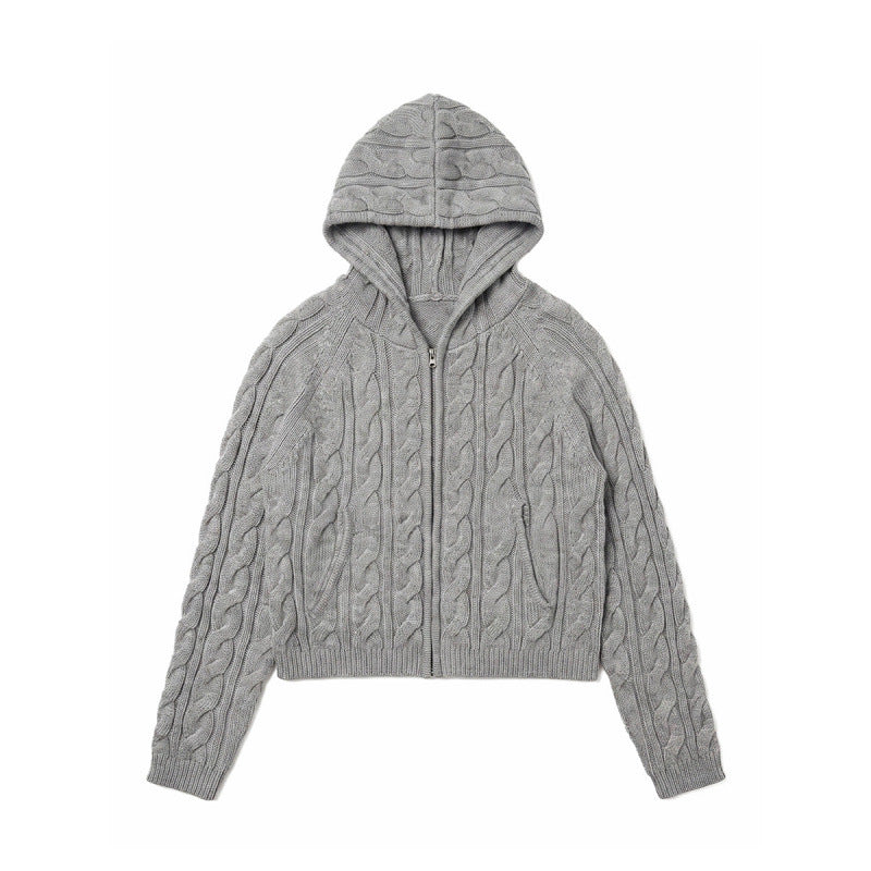 Women Hooded Braid Knit Cardigan with Zipper and Raglan Sleeves Mune Fashion