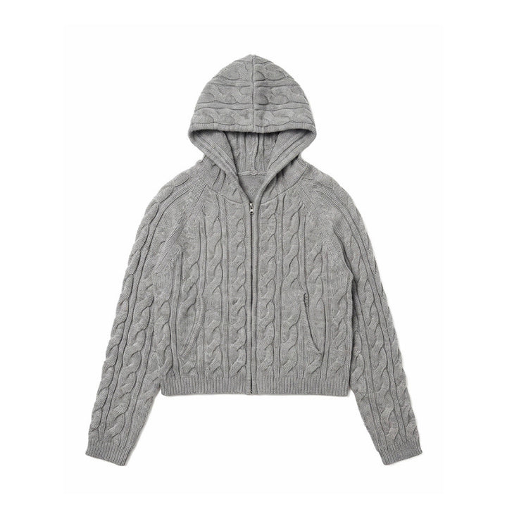 Women Hooded Braid Knit Cardigan with Zipper and Raglan Sleeves Mune Fashion