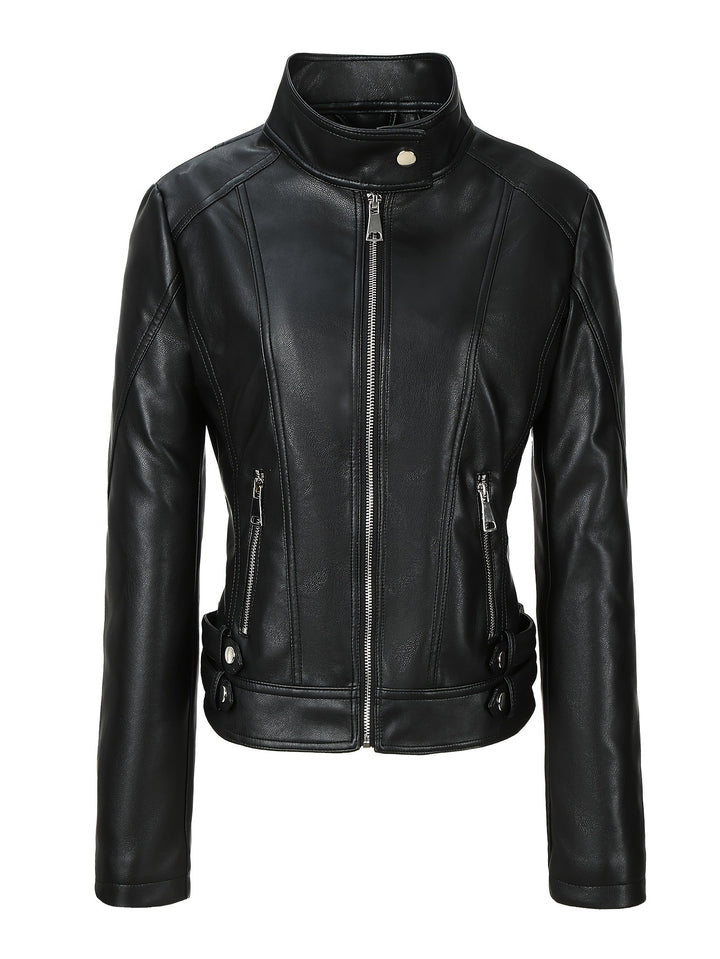Ladies Fashion Faux Leather Jacket with Zipper and Side Pockets Mune Fashion