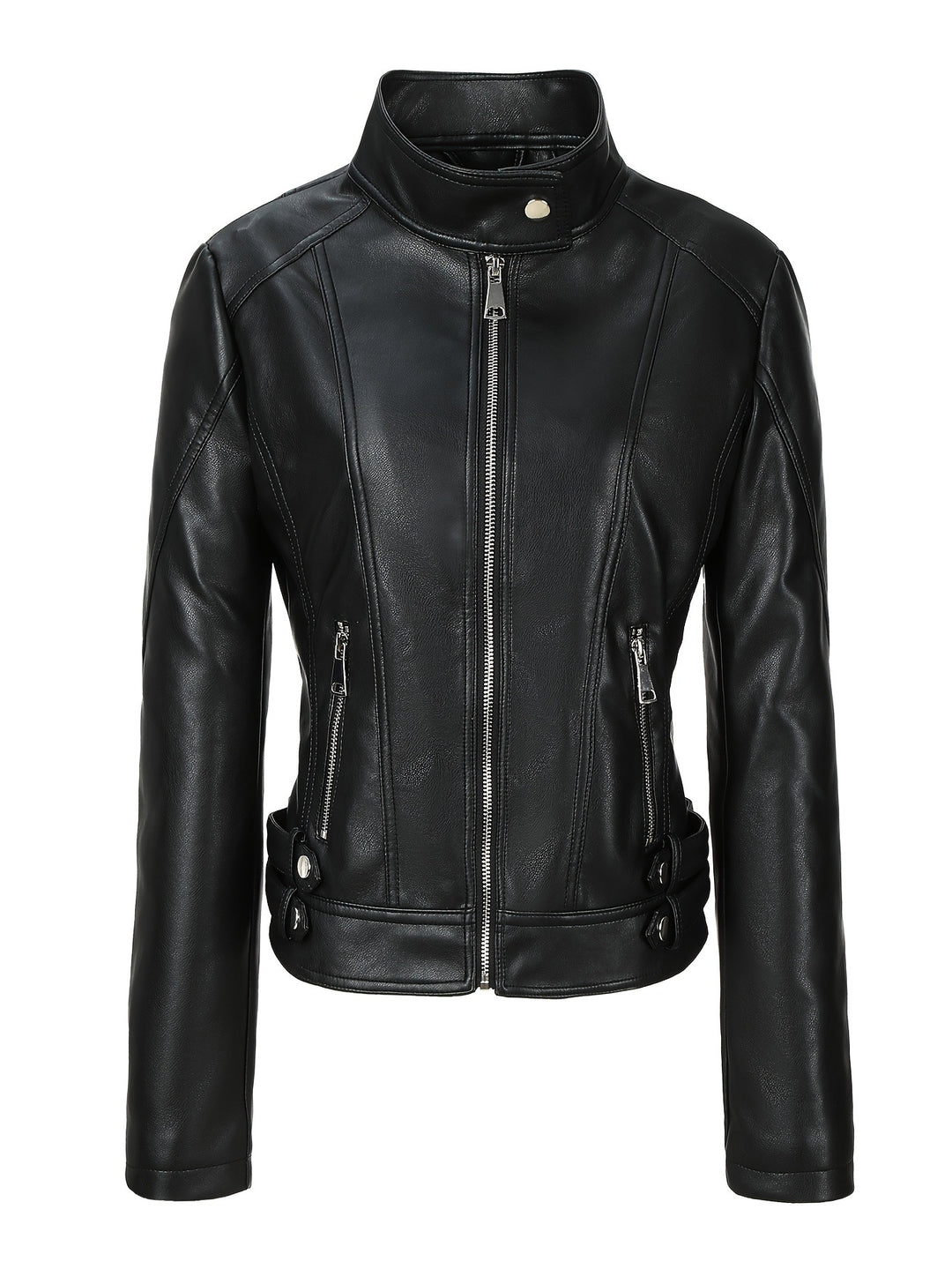Women's short fitted motorcycle jacket made of faux leather with stand collar and buckle straps Mune Fashion
