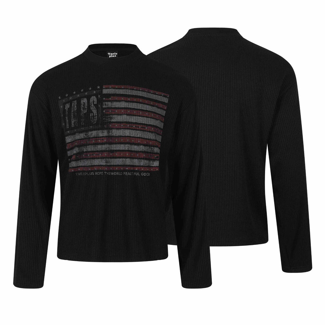 Unisex Ribbed Long Sleeve Pullover with Turtleneck and Vintage Flag Print Mune Fashion
