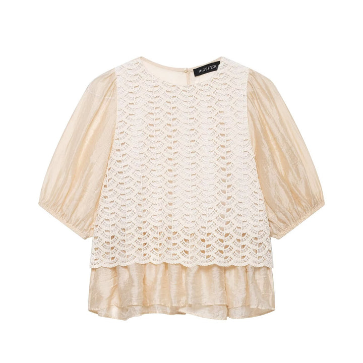 Ladies Crochet Overlay Blouse with Ruffle Underlayer and Puff Sleeves Mune Fashion