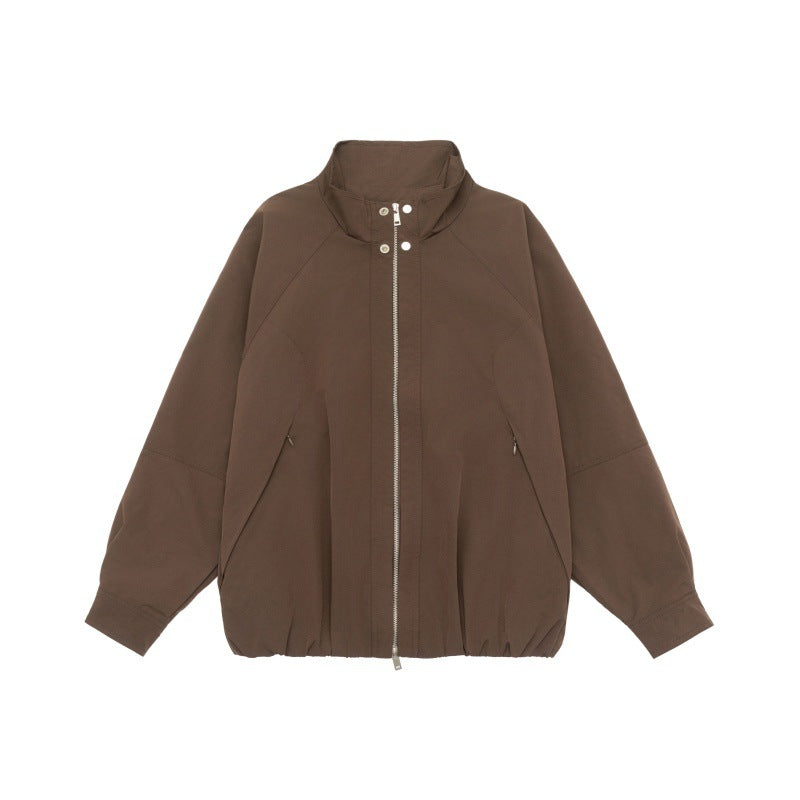 Women's Lightweight Raglan Bomber Jacket with Stand Collar and Elastic Hem Mune Fashion