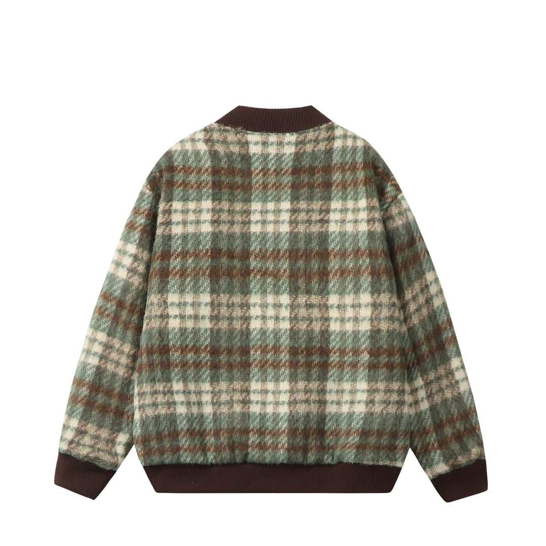 Unisex Short boxy cut wool mix bomber with check pattern and ribbed cuff Mune Fashion