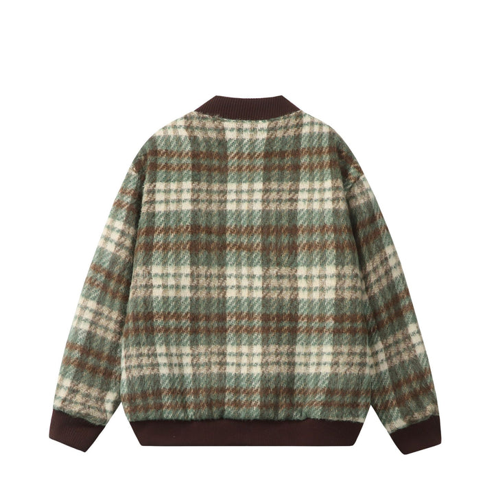 Unisex Short boxy cut wool mix bomber with check pattern and ribbed cuff Mune Fashion