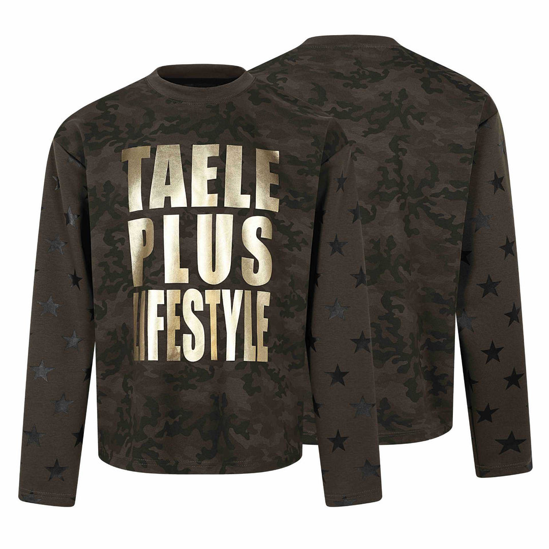 Unisex Oversize Sweatshirt with camouflage print, star sleeve appliqué and large metallic print Mune Fashion